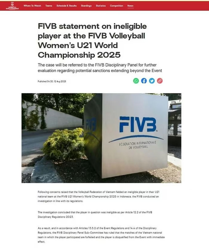 FIVB's notice of 1 athletes of U21 Vietnamese women's volleyball volleyball is not eligible to attend the World U21 Women's Volleyball Tournament 2025