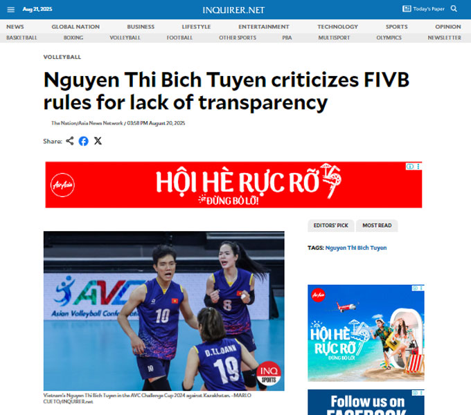 The Philippine's Inquirer newspaper also reported on Vietnam's athletes